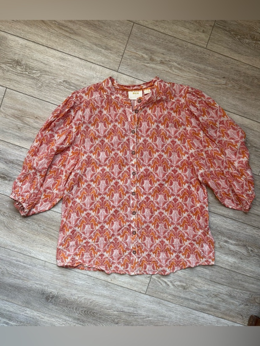 Maeve Coral and White Printed Button-Front Blouse